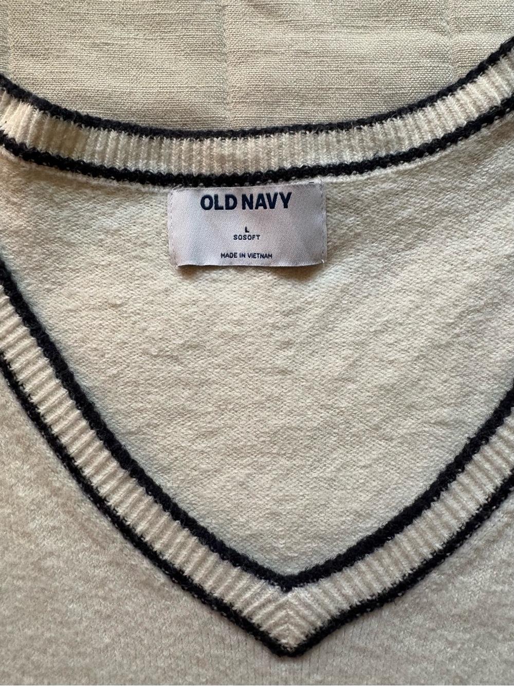 Old Navy White V-Neck Sweater Navy Black Trim Detailing